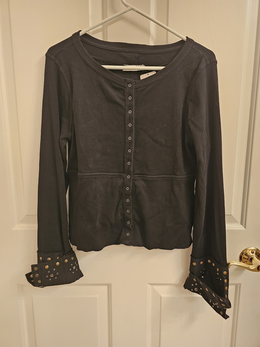 We The Free Black Stud-Trim Long Sleeve Snap Front Top